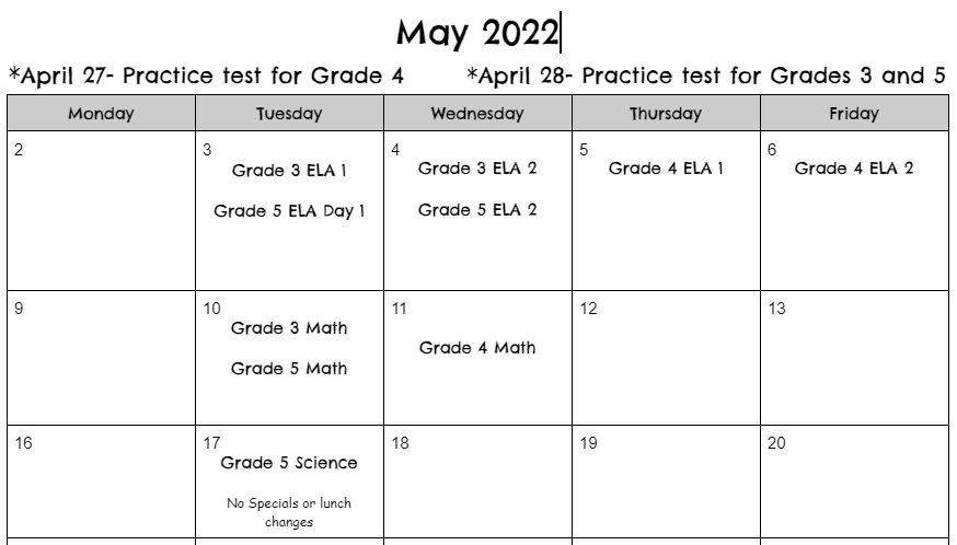 May 2022 GMAS Testing Schedule